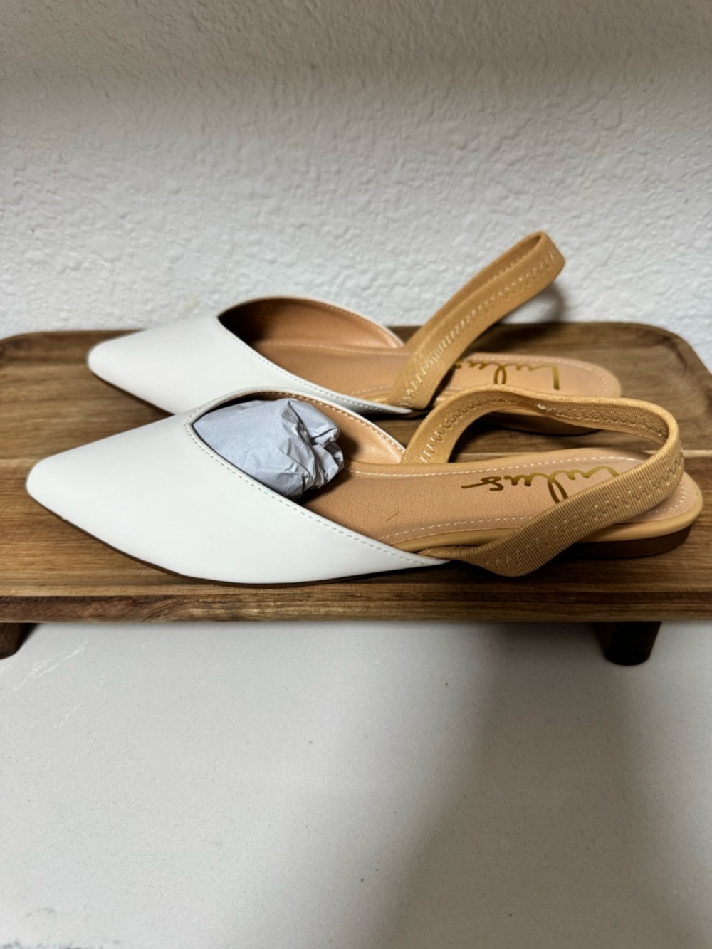 Lulu's White Pointed Slingback Flats with Tan Elastic Heel